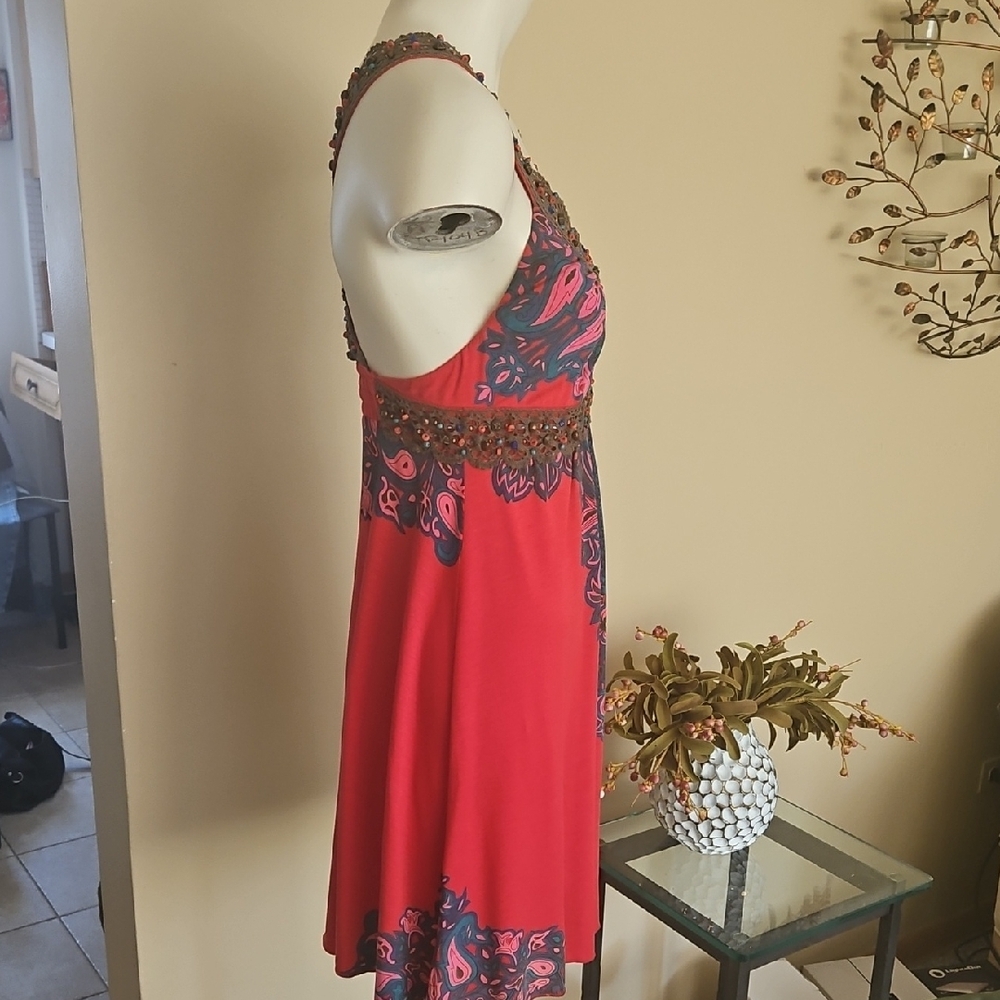 BEAUTIFUL FREE PEOPLE RED, PINK, AND BROWN BEADED TUNIC OR DRESS. NWOT. - Picture 6 of 16